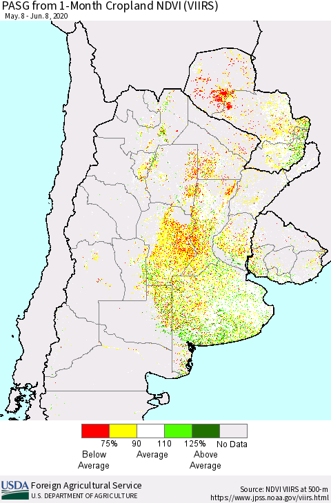 Southern South America PASG from 1-Month Cropland NDVI (VIIRS) Thematic Map For 6/1/2020 - 6/10/2020