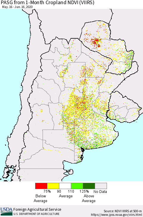 Southern South America PASG from 1-Month Cropland NDVI (VIIRS) Thematic Map For 6/11/2020 - 6/20/2020