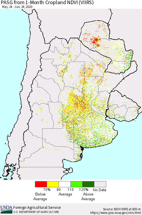Southern South America PASG from 1-Month Cropland NDVI (VIIRS) Thematic Map For 6/21/2020 - 6/30/2020