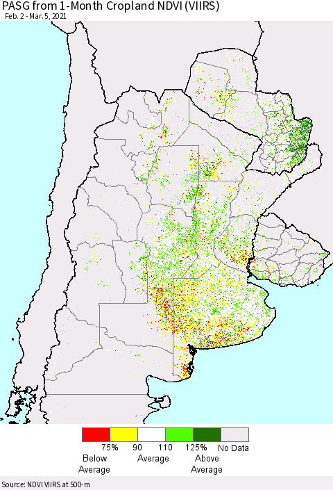 Southern South America PASG from 1-Month Cropland NDVI (VIIRS) Thematic Map For 2/26/2021 - 3/5/2021