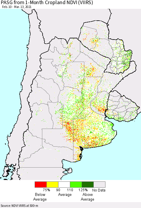 Southern South America PASG from 1-Month Cropland NDVI (VIIRS) Thematic Map For 3/6/2021 - 3/13/2021