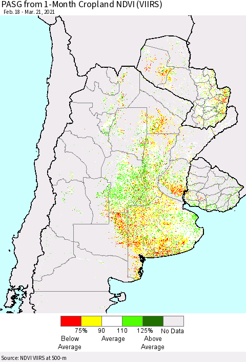 Southern South America PASG from 1-Month Cropland NDVI (VIIRS) Thematic Map For 3/14/2021 - 3/21/2021