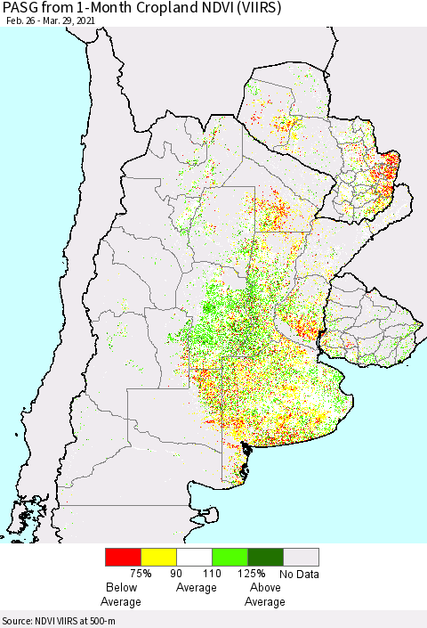 Southern South America PASG from 1-Month Cropland NDVI (VIIRS) Thematic Map For 3/22/2021 - 3/29/2021
