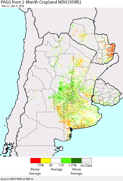 Southern South America PASG from 1-Month Cropland NDVI (VIIRS) Thematic Map For 3/30/2021 - 4/6/2021