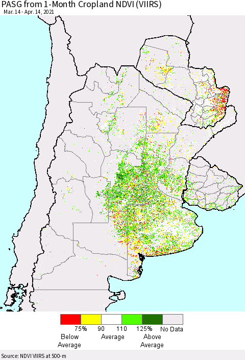 Southern South America PASG from 1-Month Cropland NDVI (VIIRS) Thematic Map For 4/7/2021 - 4/14/2021