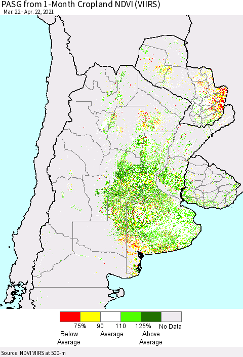 Southern South America PASG from 1-Month Cropland NDVI (VIIRS) Thematic Map For 4/15/2021 - 4/22/2021