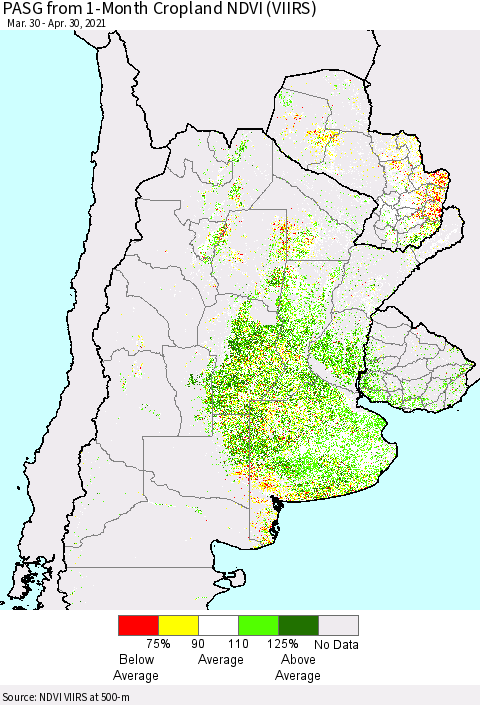 Southern South America PASG from 1-Month Cropland NDVI (VIIRS) Thematic Map For 4/23/2021 - 4/30/2021