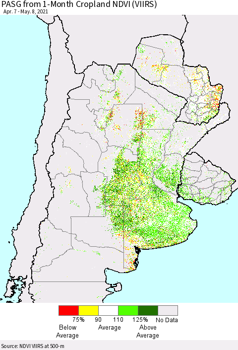 Southern South America PASG from 1-Month Cropland NDVI (VIIRS) Thematic Map For 5/1/2021 - 5/8/2021