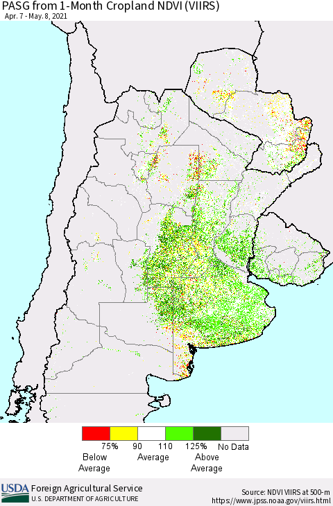Southern South America PASG from 1-Month Cropland NDVI (VIIRS) Thematic Map For 5/1/2021 - 5/10/2021