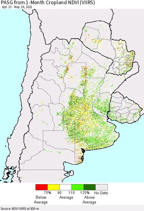 Southern South America PASG from 1-Month Cropland NDVI (VIIRS) Thematic Map For 5/9/2021 - 5/16/2021