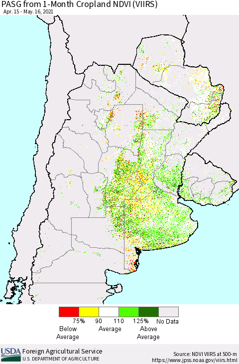 Southern South America PASG from 1-Month Cropland NDVI (VIIRS) Thematic Map For 5/11/2021 - 5/20/2021