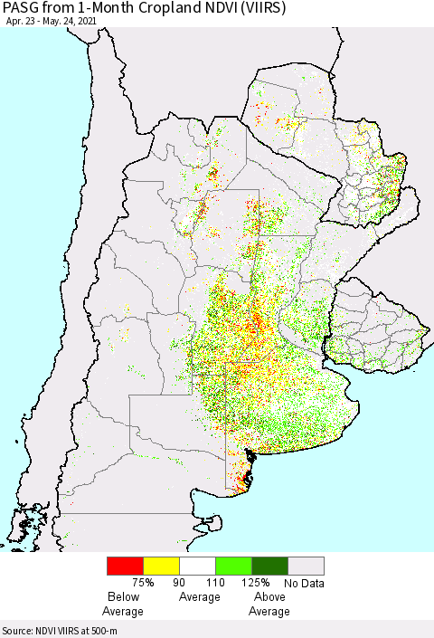 Southern South America PASG from 1-Month Cropland NDVI (VIIRS) Thematic Map For 5/17/2021 - 5/24/2021