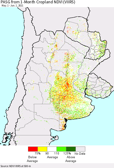 Southern South America PASG from 1-Month Cropland NDVI (VIIRS) Thematic Map For 5/25/2021 - 6/1/2021