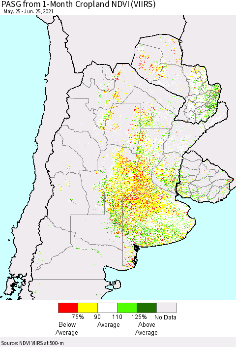 Southern South America PASG from 1-Month Cropland NDVI (VIIRS) Thematic Map For 6/18/2021 - 6/25/2021