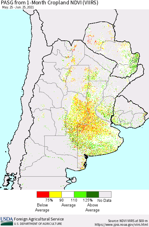 Southern South America PASG from 1-Month Cropland NDVI (VIIRS) Thematic Map For 6/21/2021 - 6/30/2021