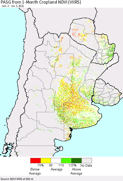 Southern South America PASG from 1-Month Cropland NDVI (VIIRS) Thematic Map For 6/26/2021 - 7/3/2021