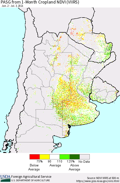 Southern South America PASG from 1-Month Cropland NDVI (VIIRS) Thematic Map For 7/1/2021 - 7/10/2021