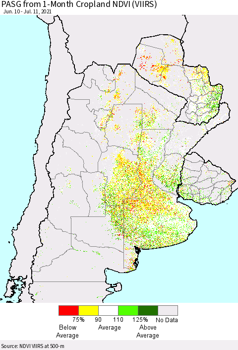 Southern South America PASG from 1-Month Cropland NDVI (VIIRS) Thematic Map For 7/4/2021 - 7/11/2021
