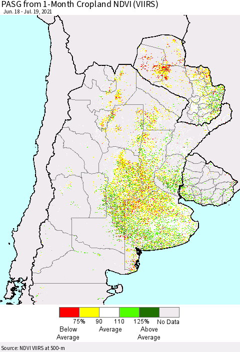 Southern South America PASG from 1-Month Cropland NDVI (VIIRS) Thematic Map For 7/12/2021 - 7/19/2021