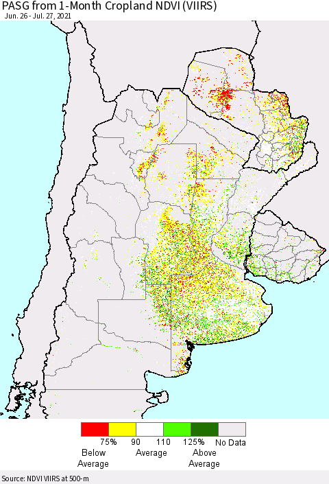 Southern South America PASG from 1-Month Cropland NDVI (VIIRS) Thematic Map For 7/20/2021 - 7/27/2021