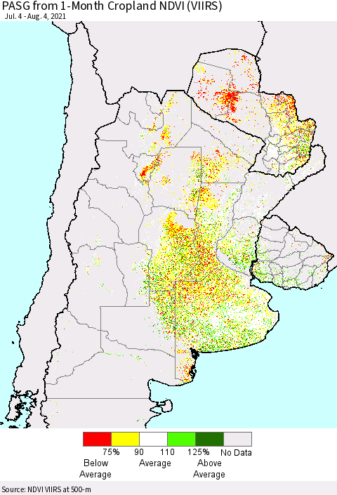 Southern South America PASG from 1-Month Cropland NDVI (VIIRS) Thematic Map For 7/28/2021 - 8/4/2021