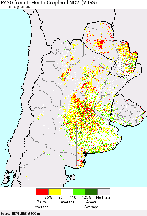 Southern South America PASG from 1-Month Cropland NDVI (VIIRS) Thematic Map For 8/11/2021 - 8/20/2021