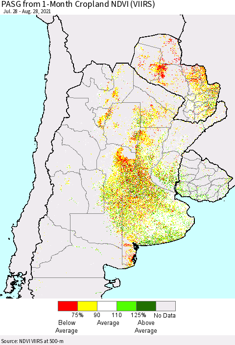 Southern South America PASG from 1-Month Cropland NDVI (VIIRS) Thematic Map For 8/21/2021 - 8/28/2021