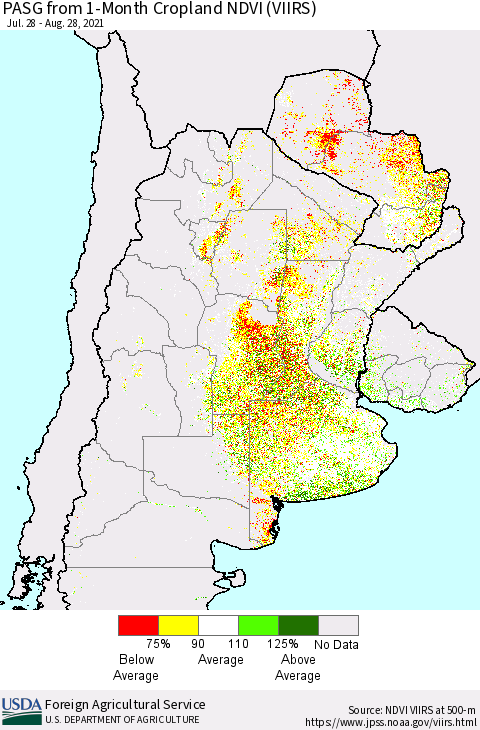 Southern South America PASG from 1-Month Cropland NDVI (VIIRS) Thematic Map For 8/21/2021 - 8/31/2021