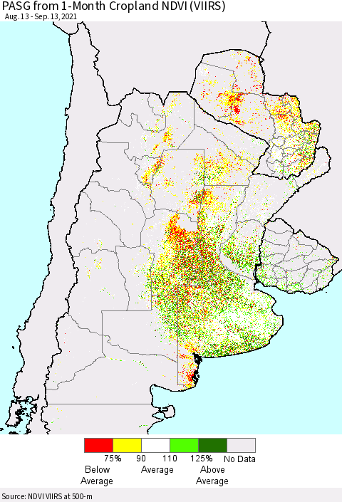 Southern South America PASG from 1-Month Cropland NDVI (VIIRS) Thematic Map For 9/6/2021 - 9/13/2021