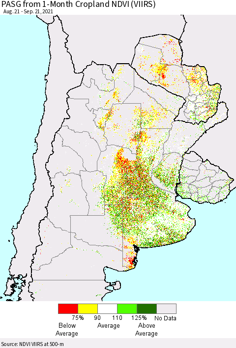 Southern South America PASG from 1-Month Cropland NDVI (VIIRS) Thematic Map For 9/14/2021 - 9/21/2021