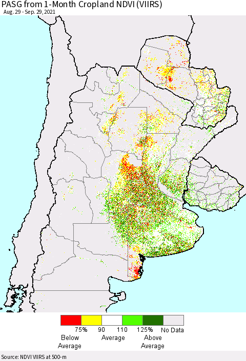 Southern South America PASG from 1-Month Cropland NDVI (VIIRS) Thematic Map For 9/22/2021 - 9/29/2021