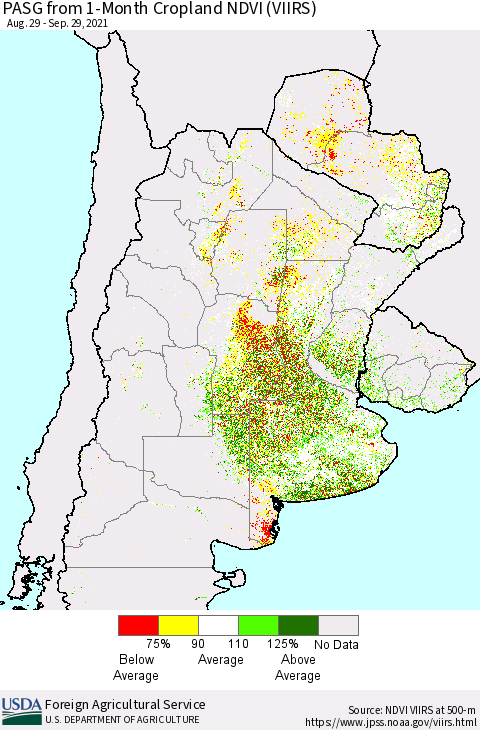 Southern South America PASG from 1-Month Cropland NDVI (VIIRS) Thematic Map For 9/21/2021 - 9/30/2021