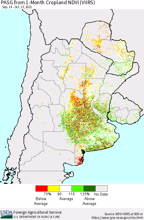 Southern South America PASG from 1-Month Cropland NDVI (VIIRS) Thematic Map For 10/11/2021 - 10/20/2021