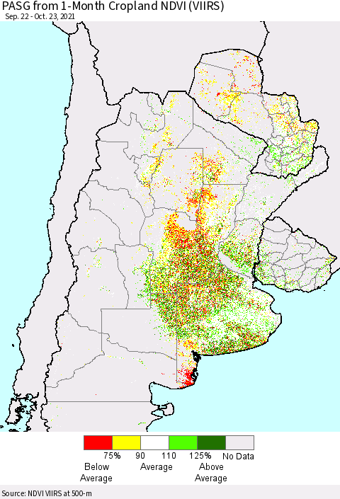 Southern South America PASG from 1-Month Cropland NDVI (VIIRS) Thematic Map For 10/16/2021 - 10/23/2021