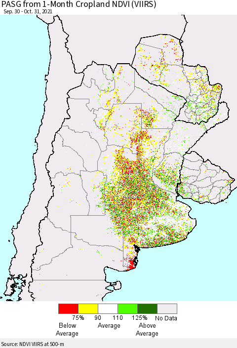 Southern South America PASG from 1-Month Cropland NDVI (VIIRS) Thematic Map For 10/24/2021 - 10/31/2021