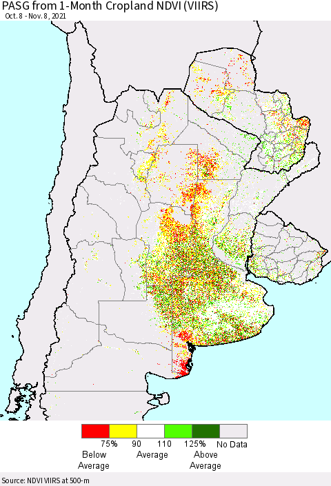 Southern South America PASG from 1-Month Cropland NDVI (VIIRS) Thematic Map For 11/1/2021 - 11/8/2021
