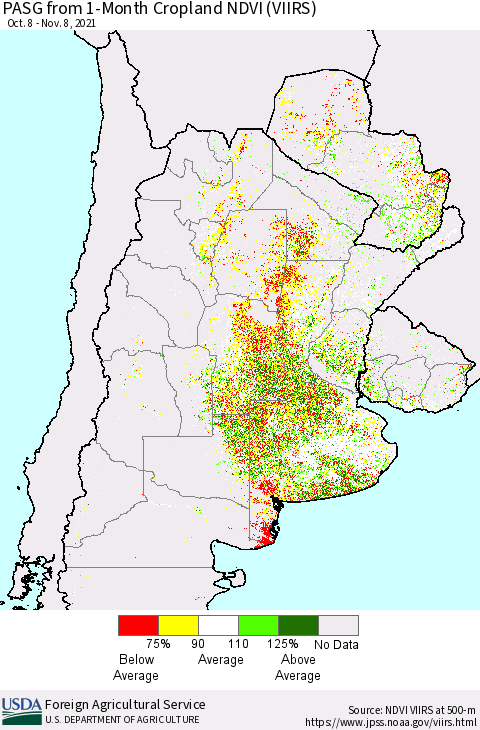 Southern South America PASG from 1-Month Cropland NDVI (VIIRS) Thematic Map For 11/1/2021 - 11/10/2021