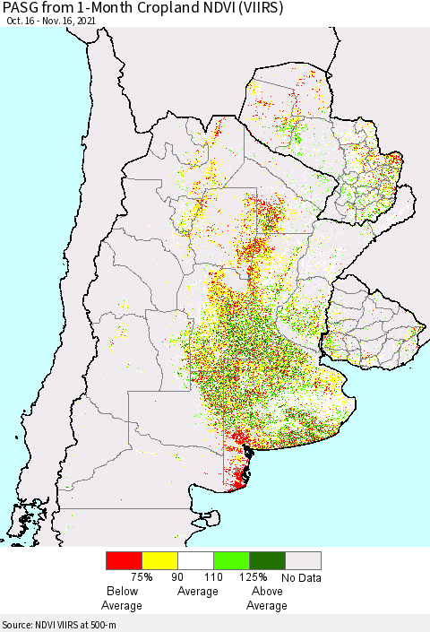 Southern South America PASG from 1-Month Cropland NDVI (VIIRS) Thematic Map For 11/9/2021 - 11/16/2021