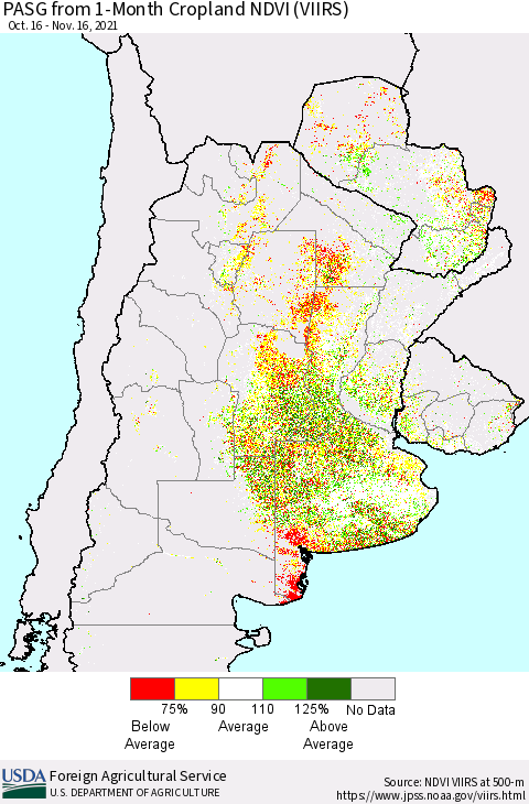 Southern South America PASG from 1-Month Cropland NDVI (VIIRS) Thematic Map For 11/11/2021 - 11/20/2021