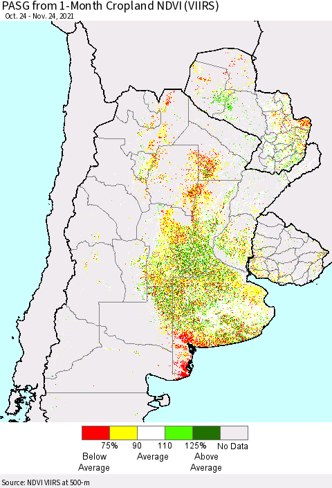 Southern South America PASG from 1-Month Cropland NDVI (VIIRS) Thematic Map For 11/17/2021 - 11/24/2021