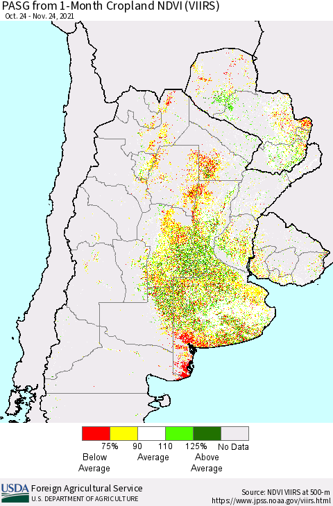 Southern South America PASG from 1-Month Cropland NDVI (VIIRS) Thematic Map For 11/21/2021 - 11/30/2021