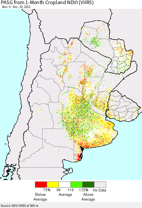Southern South America PASG from 1-Month Cropland NDVI (VIIRS) Thematic Map For 12/1/2021 - 12/10/2021