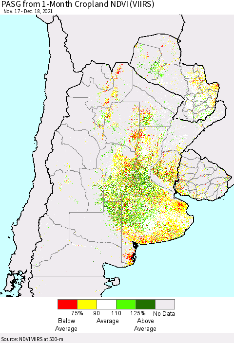 Southern South America PASG from 1-Month Cropland NDVI (VIIRS) Thematic Map For 12/11/2021 - 12/18/2021