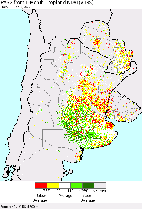 Southern South America PASG from 1-Month Cropland NDVI (VIIRS) Thematic Map For 1/1/2022 - 1/8/2022