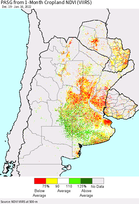 Southern South America PASG from 1-Month Cropland NDVI (VIIRS) Thematic Map For 1/9/2022 - 1/16/2022