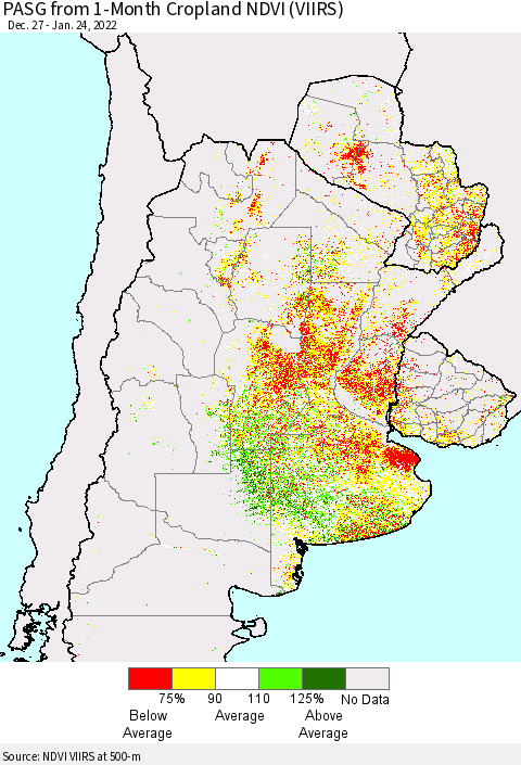 Southern South America PASG from 1-Month Cropland NDVI (VIIRS) Thematic Map For 1/17/2022 - 1/24/2022