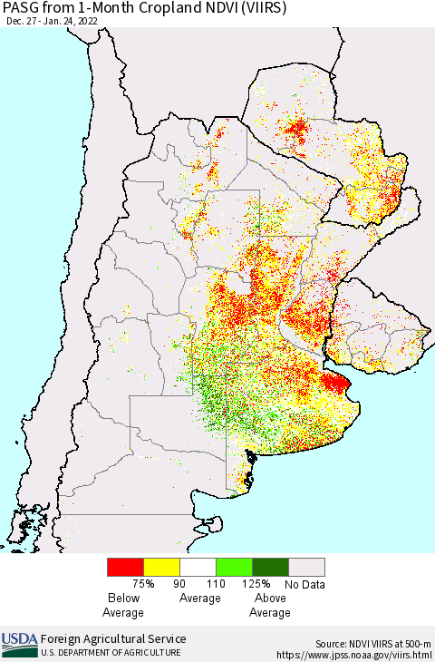 Southern South America PASG from 1-Month Cropland NDVI (VIIRS) Thematic Map For 1/21/2022 - 1/31/2022