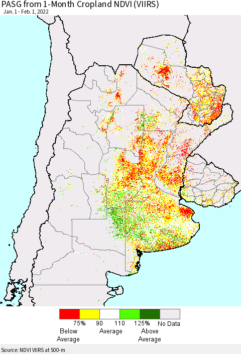 Southern South America PASG from 1-Month Cropland NDVI (VIIRS) Thematic Map For 1/25/2022 - 2/1/2022