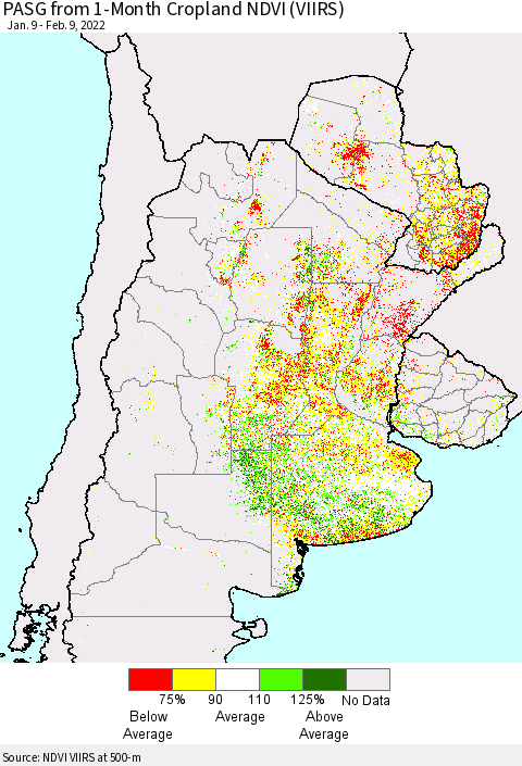 Southern South America PASG from 1-Month Cropland NDVI (VIIRS) Thematic Map For 2/2/2022 - 2/9/2022