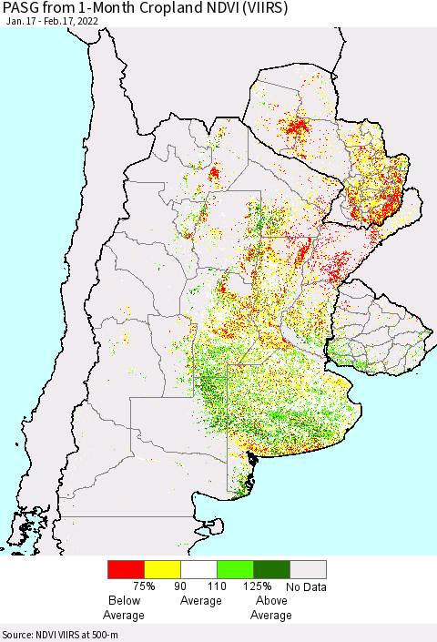 Southern South America PASG from 1-Month Cropland NDVI (VIIRS) Thematic Map For 2/10/2022 - 2/17/2022